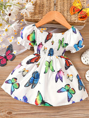 Baby Girls Butterfly Floral Print Puff Sleeve Dress for Summer