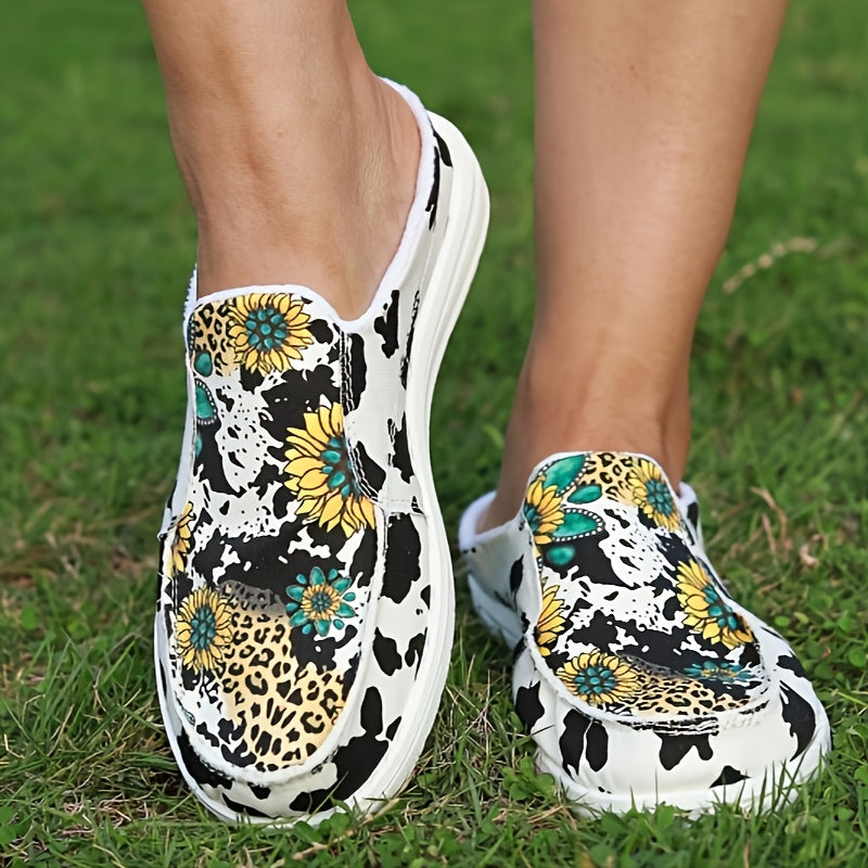 Dairy Cow Sunflower Pattern Flat Shoes Women's Casual Lightweight Walking Shoes