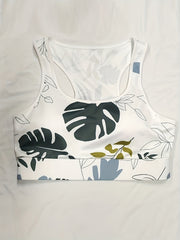 Plus Size Women's Leaf Print Sports Bra Racer Back Medium Stretch