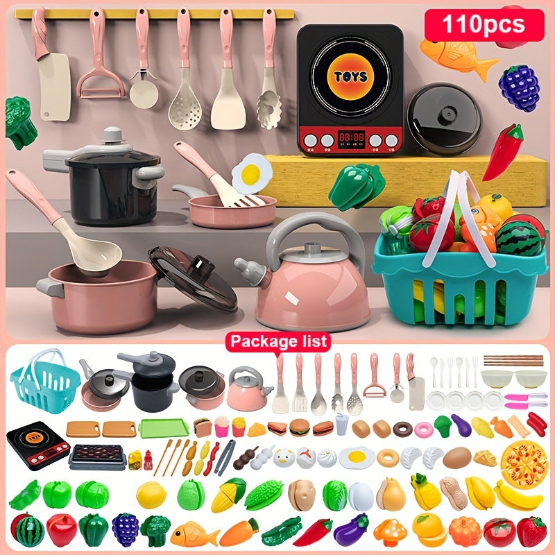Children's Mini Kitchen Set 110pcs - Stove, Cookware, Utensils, Play Food