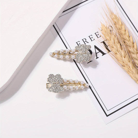 2pcs Faux Pearl Rhinestone Hair Clip for Women Girls