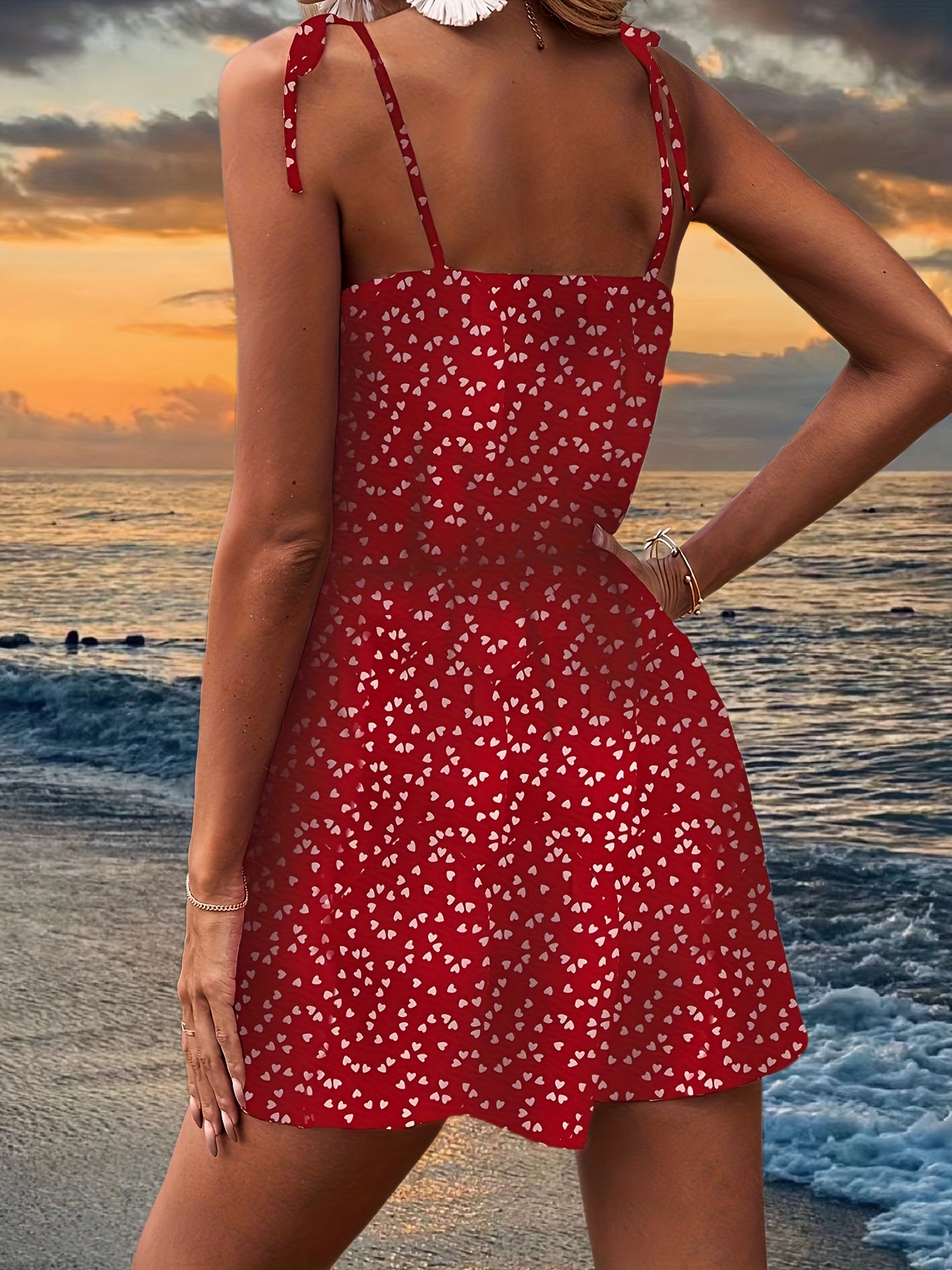 Heart Print V neck Spaghetti Dress Beach Wear Cami Dress Women's Clothing