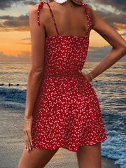 Heart Print V neck Spaghetti Dress Beach Wear Cami Dress Women's Clothing