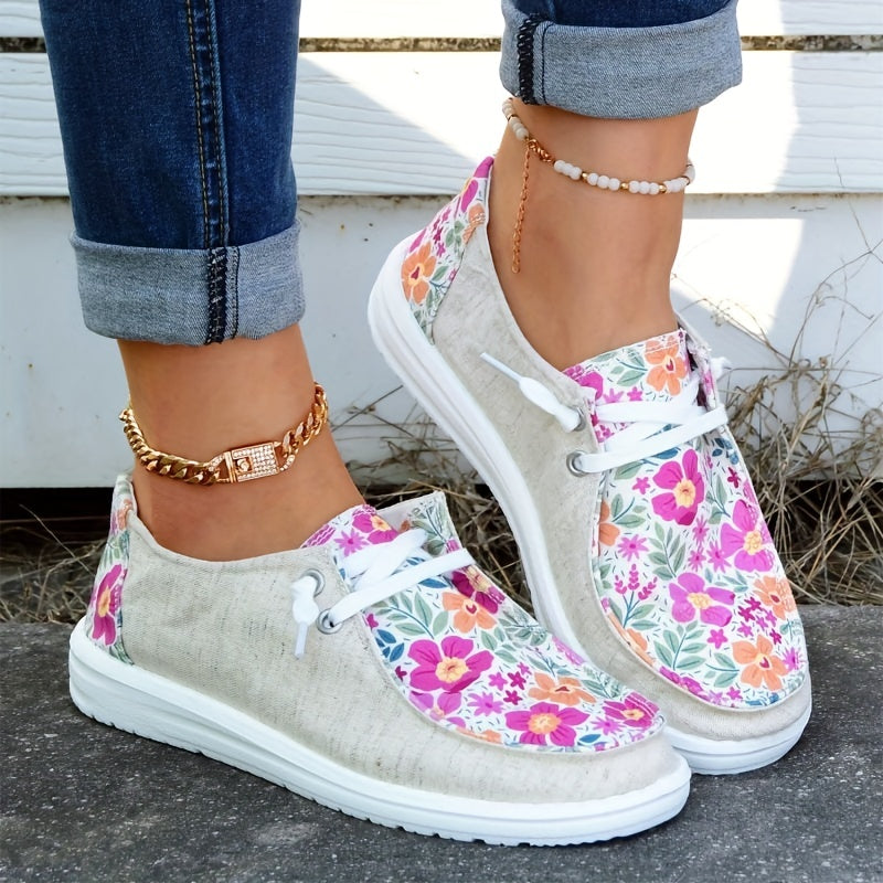 Floral Print Loafers Lace Up Canvas Shoes