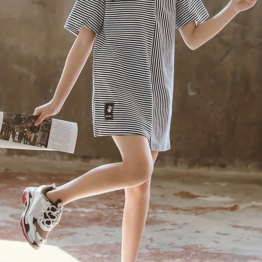 Girls Striped Print Graphic Dress For Summer