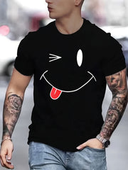 Men's Smile Print T shirt Active Comfy Slightly Stretch Crew Neck Tee