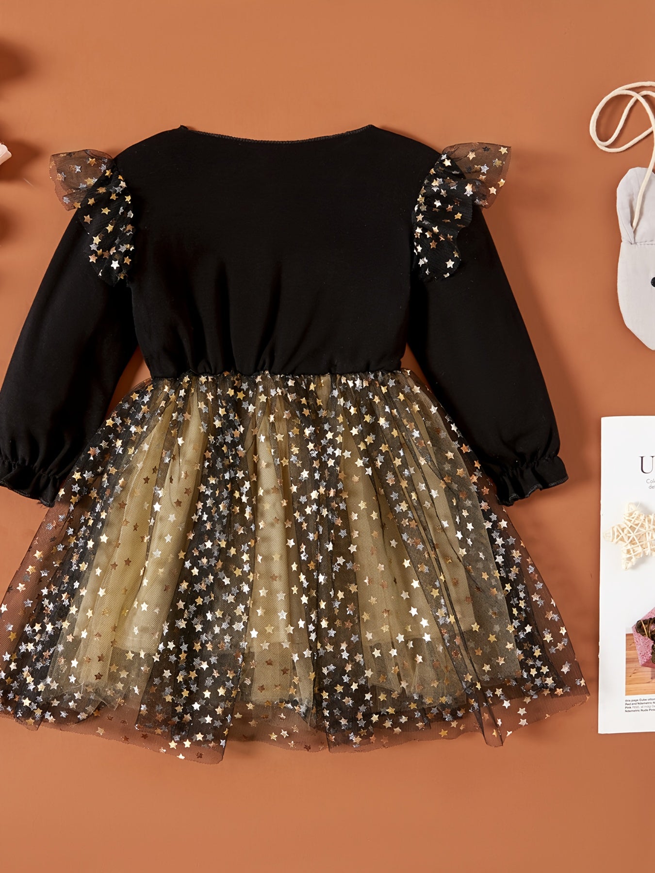 Sequin Stars Tulle Dress Long Sleeve Party Outfit