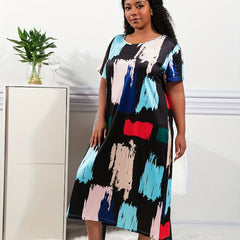Colorblock Brush Print Round Neck Nightdress