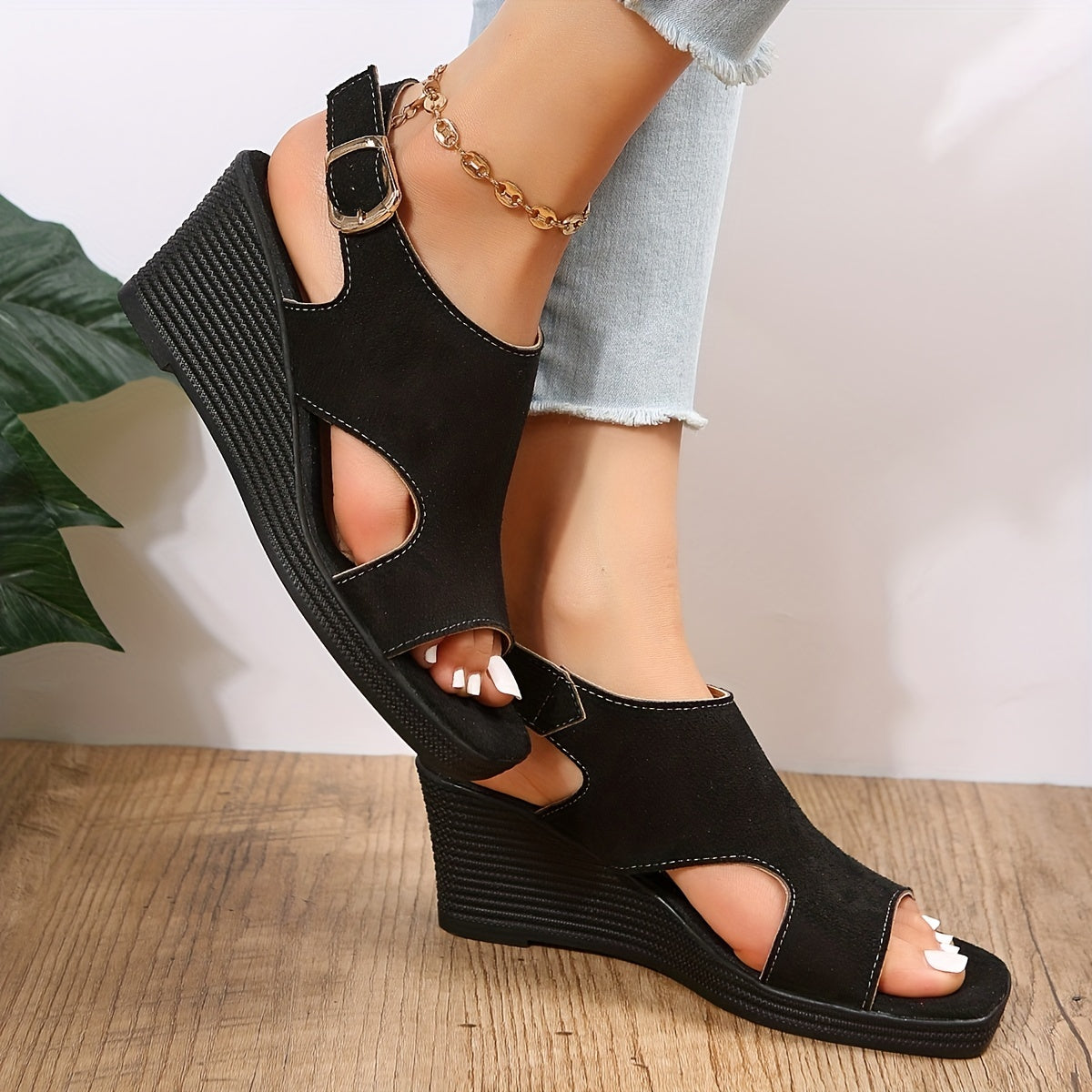 Women's Square Toe Wedge Sandals Cut out Buckle Strap Slingback Sandals