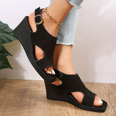 Women's Square Toe Wedge Sandals Cut out Buckle Strap Slingback Sandals