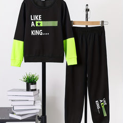 Boy's Clash 2pcs Sweatshirt & Sweatpants Set LIKE A KING Print Long Sleeve Top
