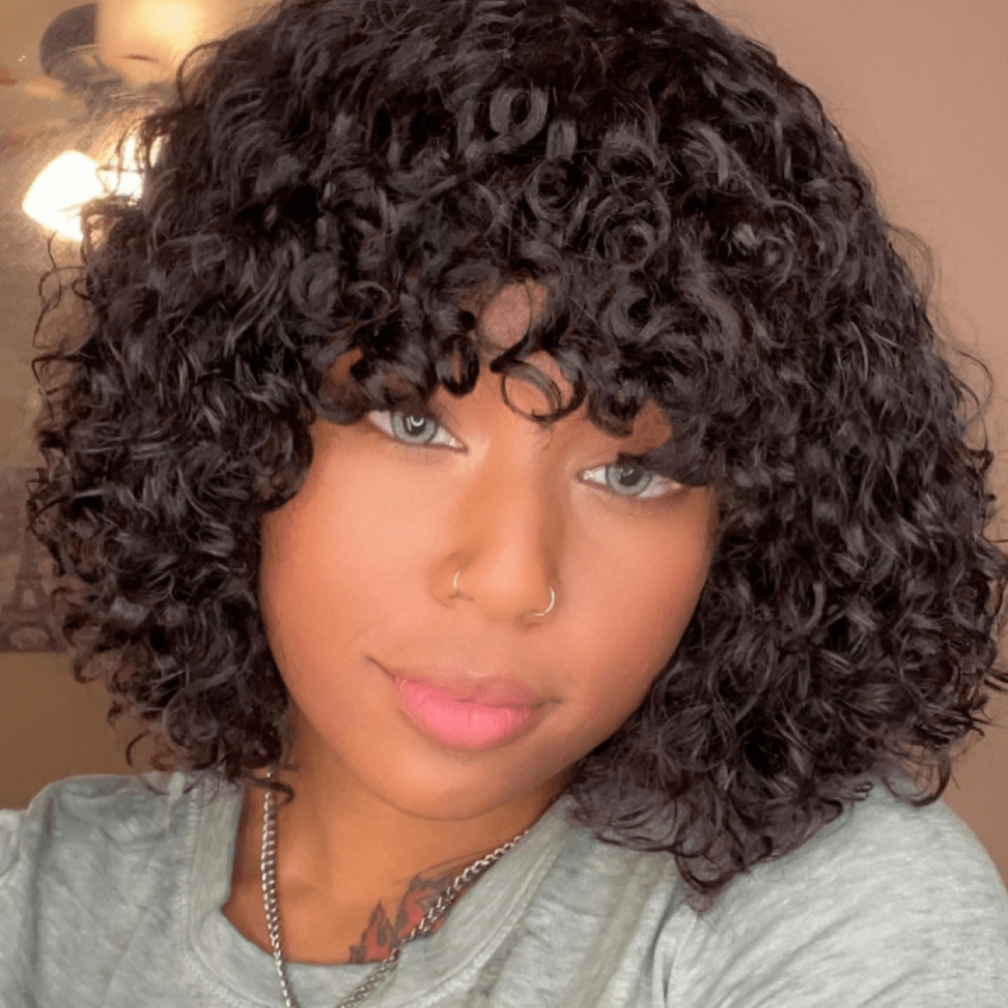 Long Lasting Kinky Curly Human Hair Wig with Bangs for Women