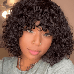 Long Lasting Kinky Curly Human Hair Wig with Bangs for Women