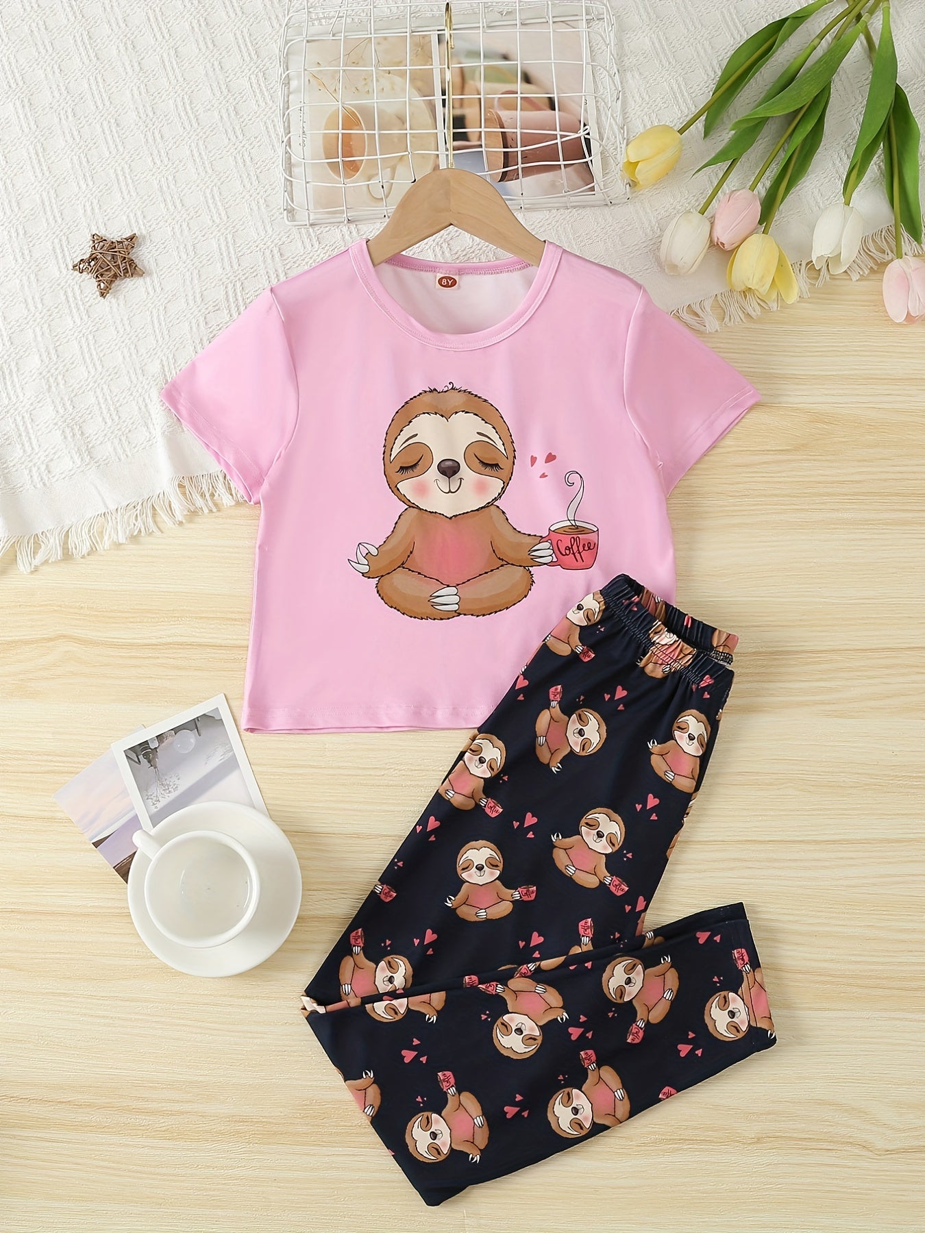Girls Sloth Graphic T-shirt & Pants Set, Summer Holiday Kids Clothes