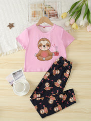 Girls Sloth Graphic T-shirt & Pants Set, Summer Holiday Kids Clothes