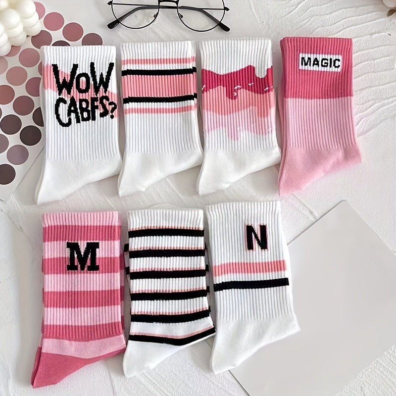 7 Pairs Letter Print Striped Socks, Women's Stockings
