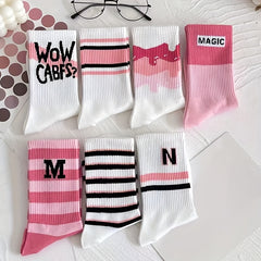 7 Pairs Letter Print Striped Socks, Women's Stockings