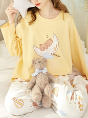 Cartoon Print Pajama Set Long Sleeve Crew Neck Top & Lounge Pants