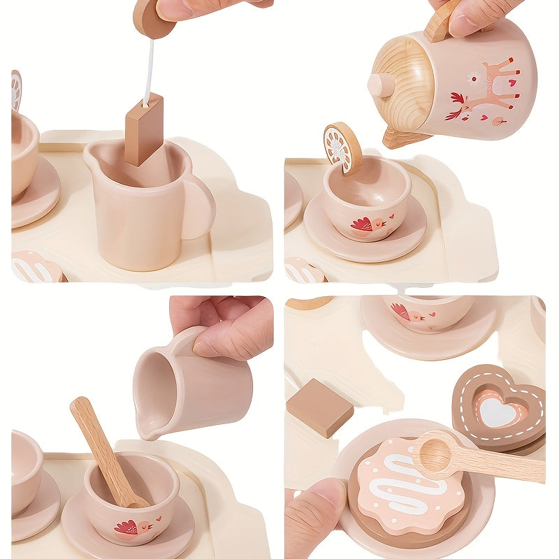 Wooden Tea Party Set for Kids Afternoon Tea Dessert Cake Teapot Cups