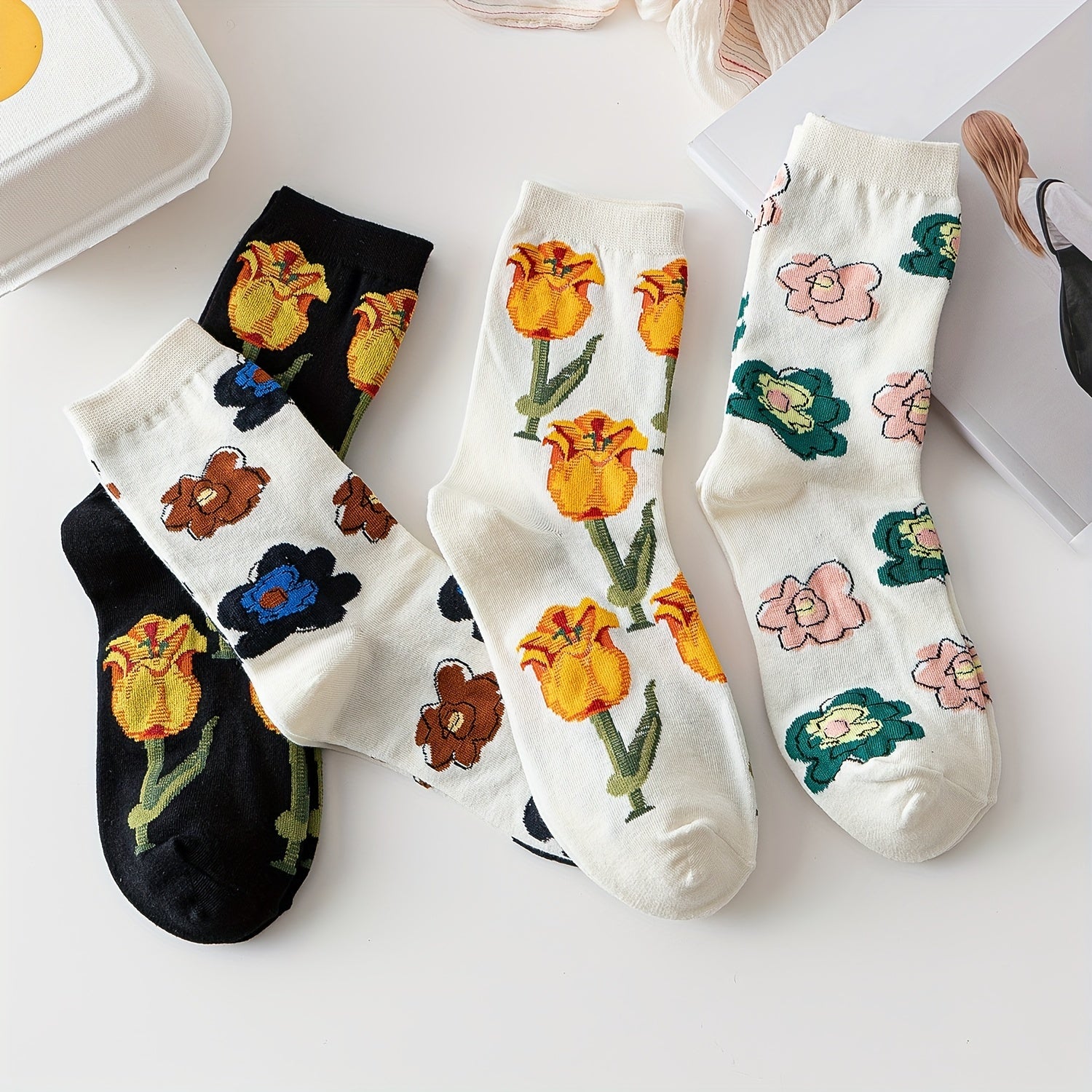 4 Pairs Rose Print Socks Soft & Mid Tube Socks Women's Stockings