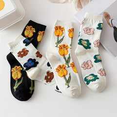4 Pairs Rose Print Socks Soft & Mid Tube Socks Women's Stockings