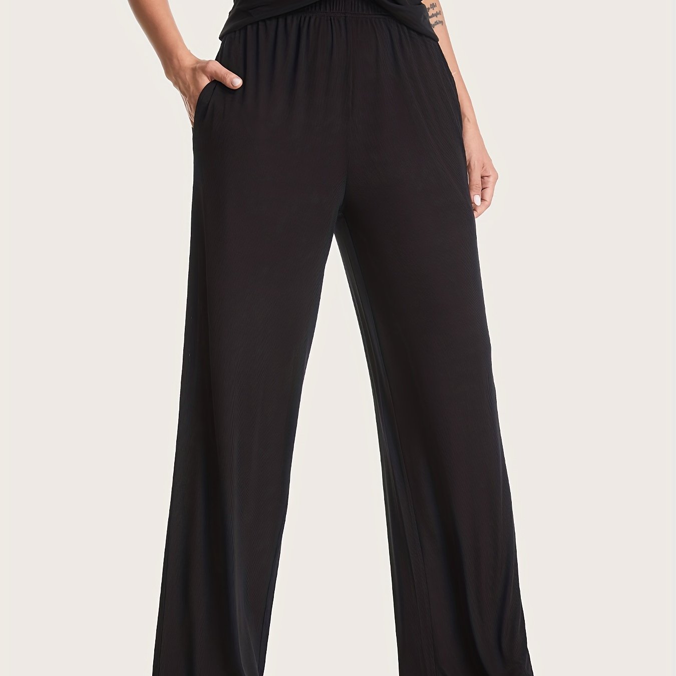 Solid Wide Leg Pants Elastic Waist Loose Fit Casual