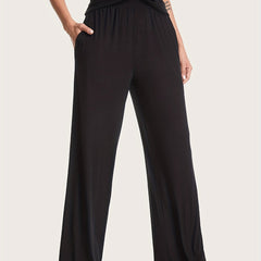 Solid Wide Leg Pants Elastic Waist Loose Fit Casual