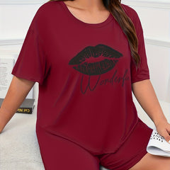 Women's Kiss & Letter Print Tee & Shorts Pajama Set