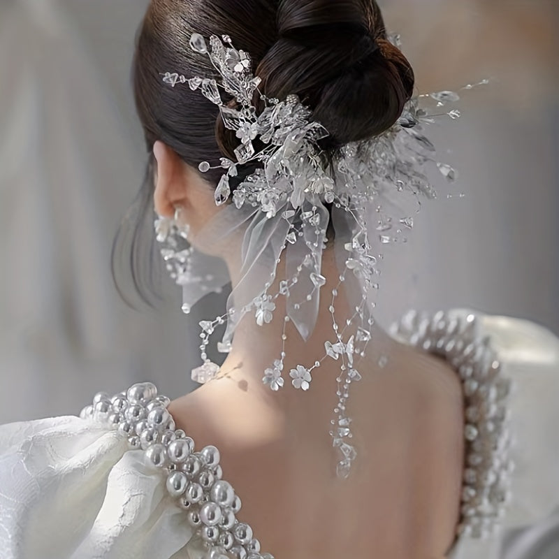 Crystal Beads Flower Veil Sweet Wedding Headwear With Clip Hair Accessories
