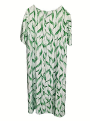 Leaf Print Short Sleeve Casual Dress With Pockets