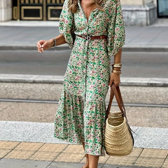 Women's Plus Ditsy Print Bubble Sleeve V Neck Button Up Smock Dress
