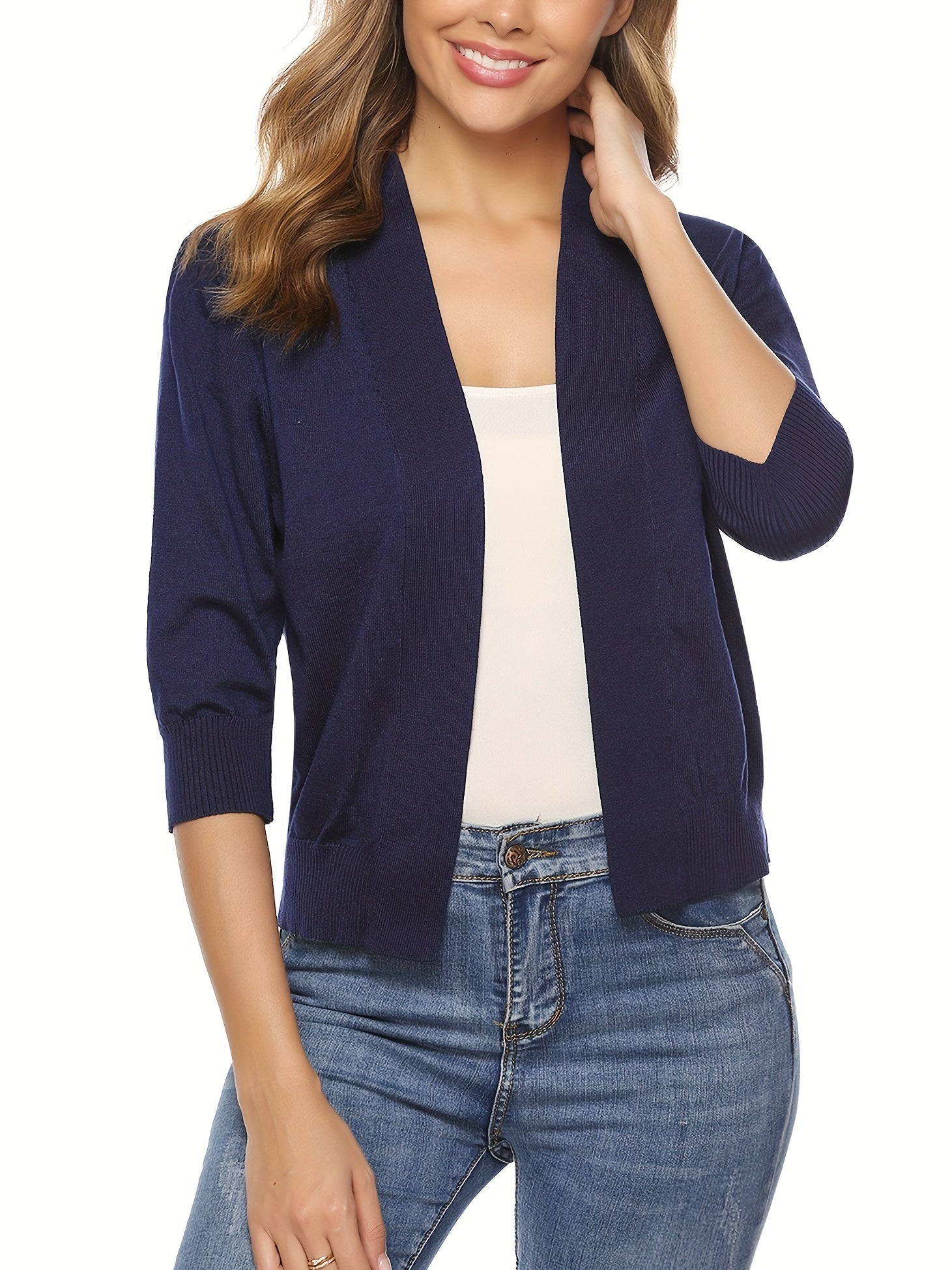 Open Front Cardigan 3/4 Sleeve Sweater for Spring & Fall
