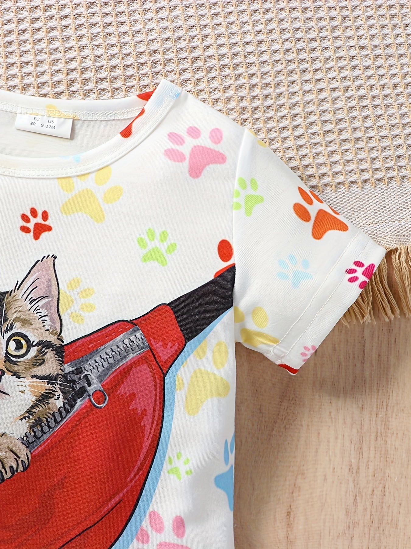 Baby Girls Cat Paw & Crossbody Bag Print T-shirt Top