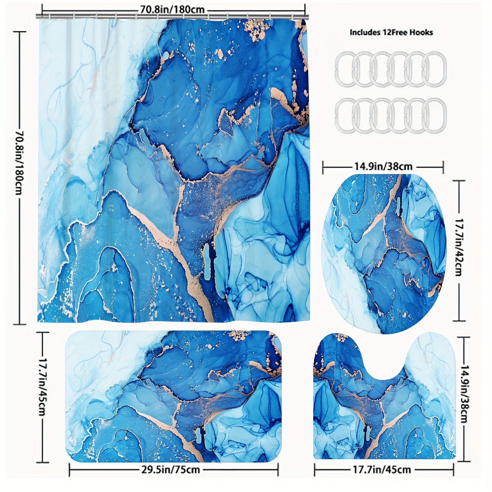 4pcs Waterproof Marble Shower Curtain Set with Non Slip Mat & Rug