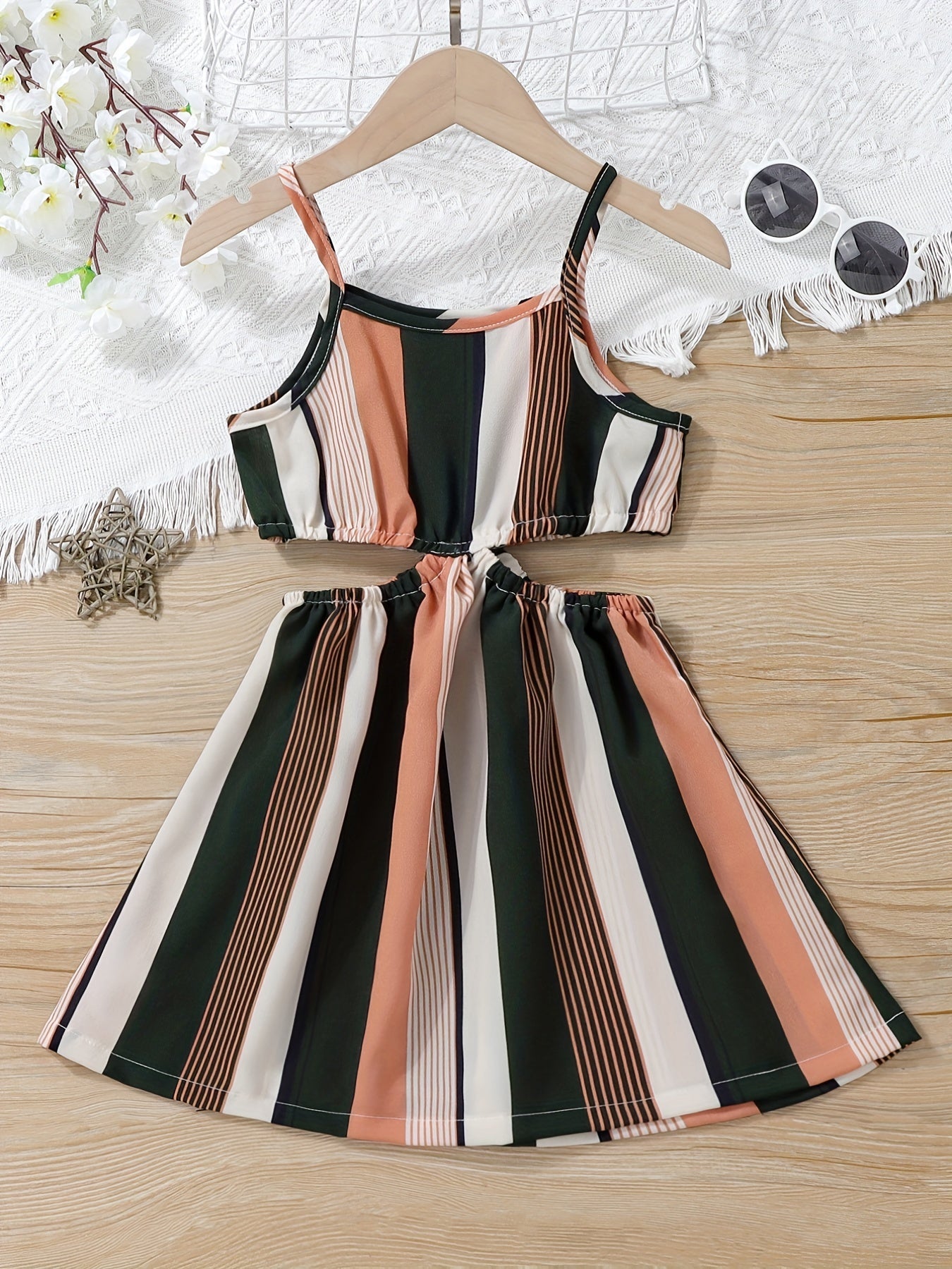 Girls Rainbow Striped Cut out Waist Cami Dress Sleeveless A Line Flared Dresses