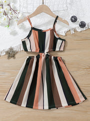 Girls Rainbow Striped Cut out Waist Cami Dress Sleeveless A Line Flared Dresses
