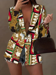 Chain Print Lapel Blazer Casual One Button Long Sleeve Outerwear