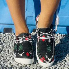 Christmas Deer Pattern Sneakers - Women's Flat Casual Shoe