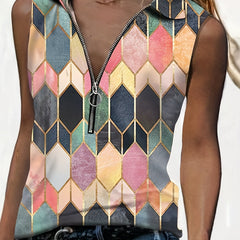 Geo Pattern Collar Tank Top Zip Up Casual Top For Summer