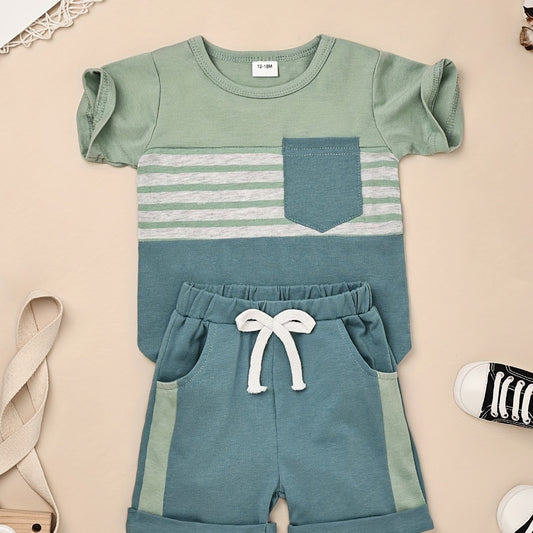 Baby Boys Striped Patched T-shirt & Shorts Set for Summer