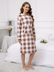 Plaid Fuzzy Hooded Night Robe Long Sleeve Robe With Pockets