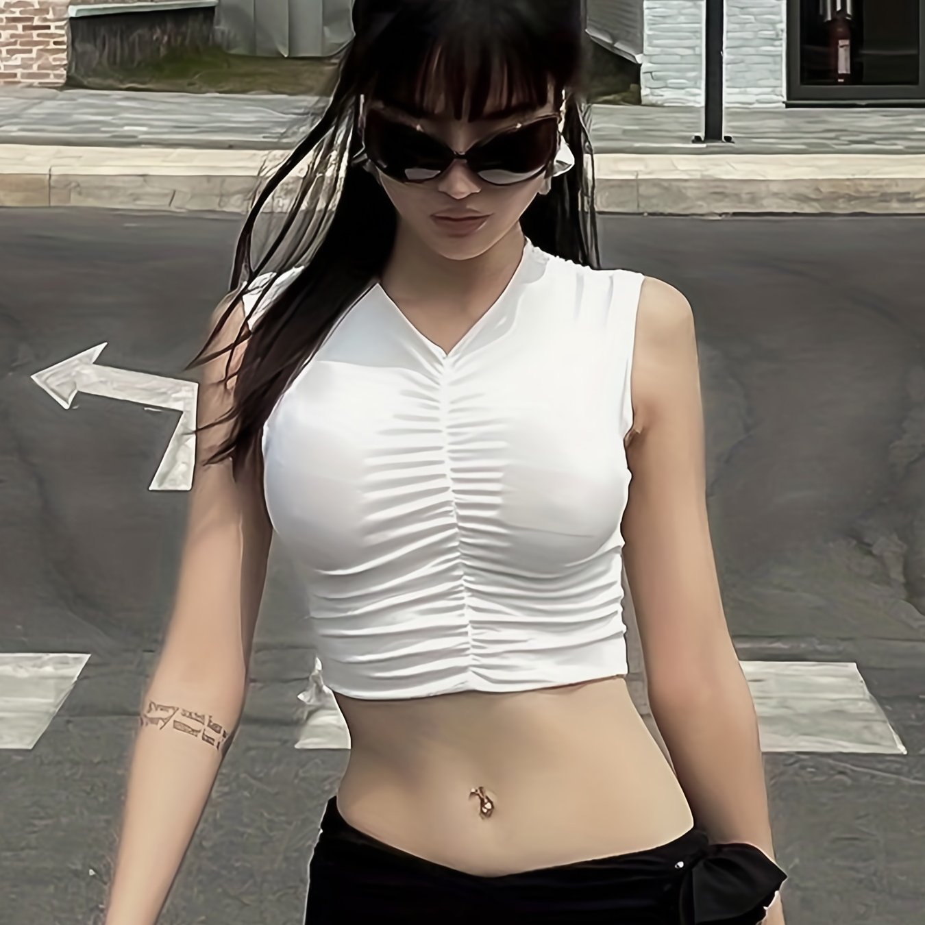 Ruched Crop Tank Top V neck Sleeveless Casual Summer Women's Clothing