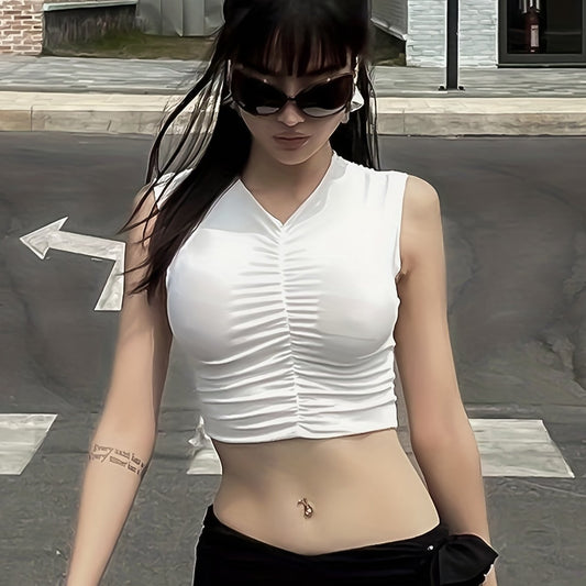 Ruched Crop Tank Top V neck Sleeveless Casual Summer Women's Clothing