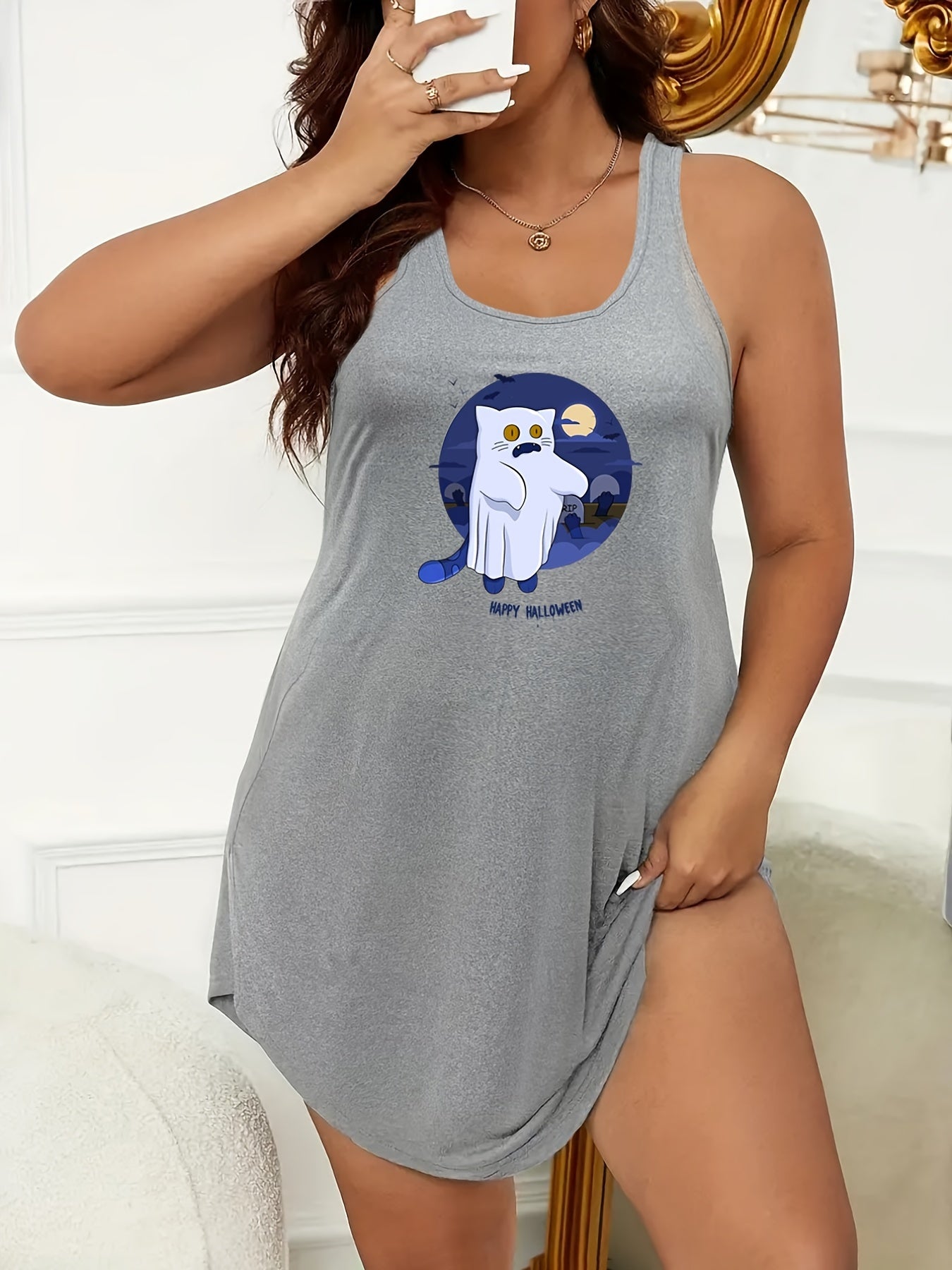 Halloween Cat Ghost Bat Print Tank Sleep Dress