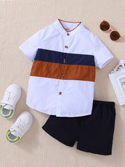 Boys Block Outfit Short Sleeves Stand Collar Shirt & Shorts Set