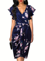 Deep V Neck Ruffle Sleeve Cocktail Dress