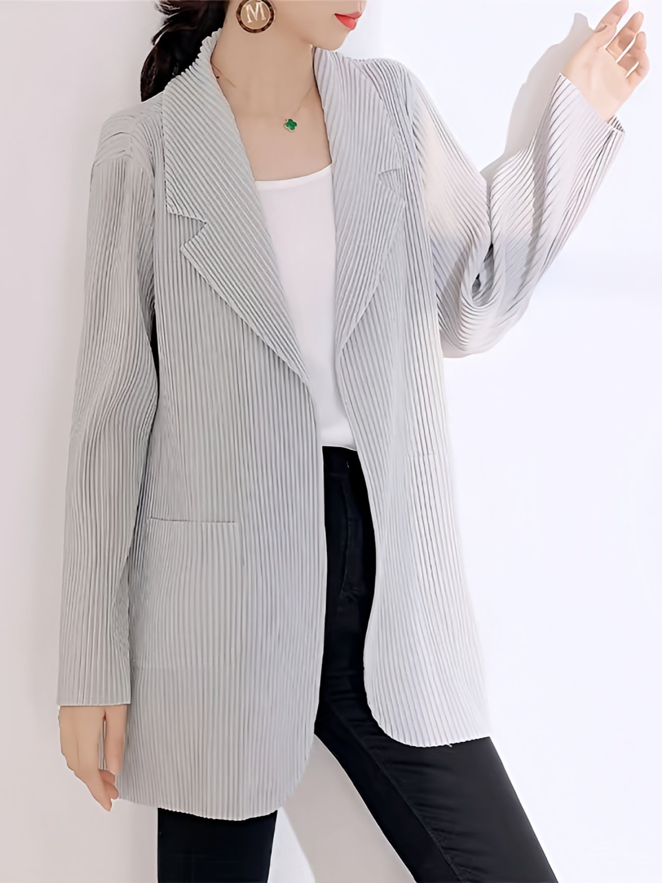 Stripe Textured Open Front Blazer for Women