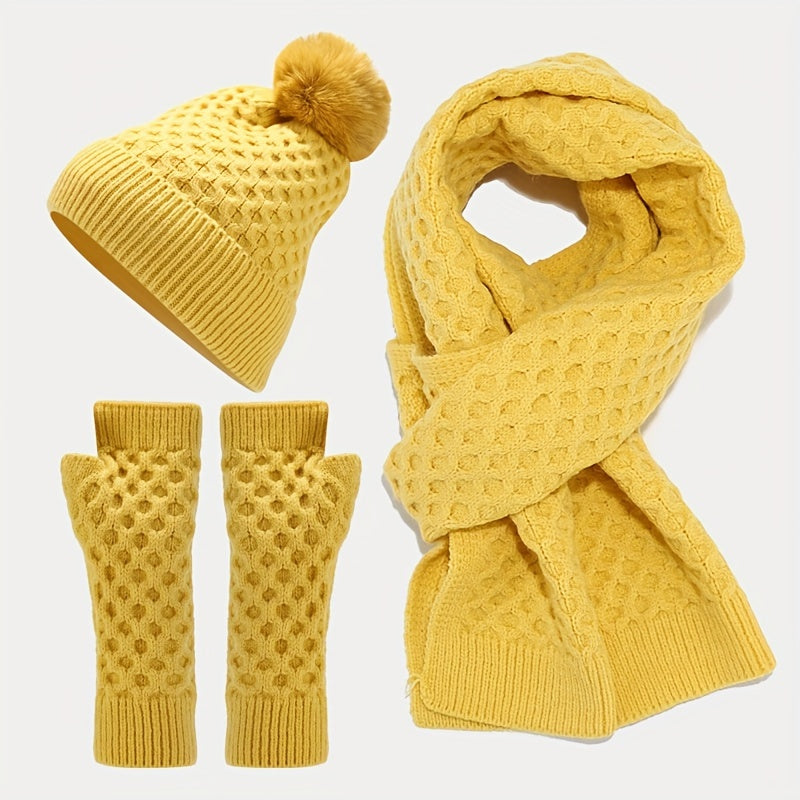 Winter Knit Beanie Scarf Gloves Set Acrylic Warm Accessories Pom Pom Hat