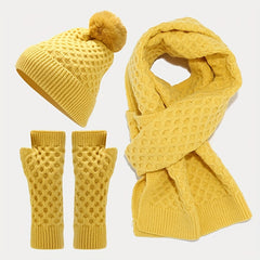 Winter Knit Beanie Scarf Gloves Set Acrylic Warm Accessories Pom Pom Hat