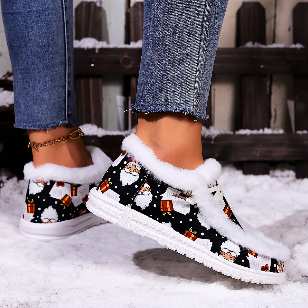Women's Winter Christmas Style Snow Boots with Santa & Gift Motifs